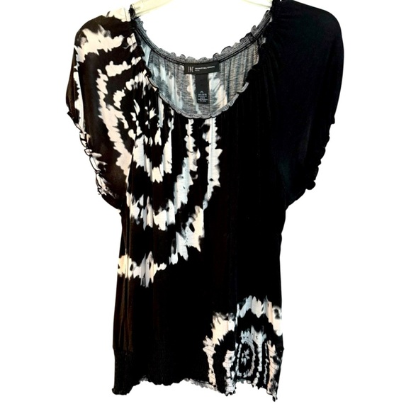 INC International Concepts Tops - INC Top scoopneck short sleeves black white silver studs, sheared stretchy hem